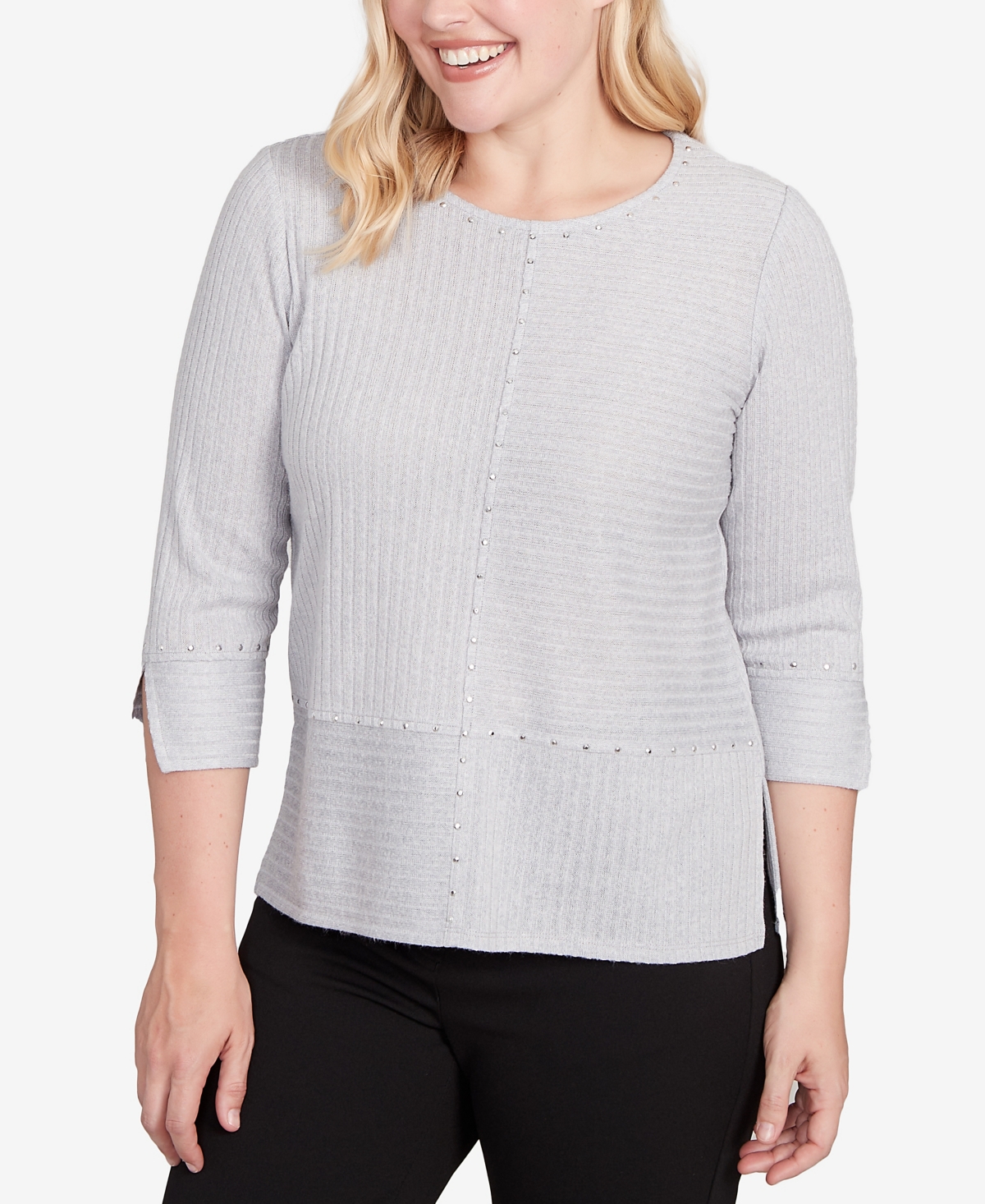 Alfred Dunner Jet Setter Heat Set Embellished Solid Knit Top In Gray