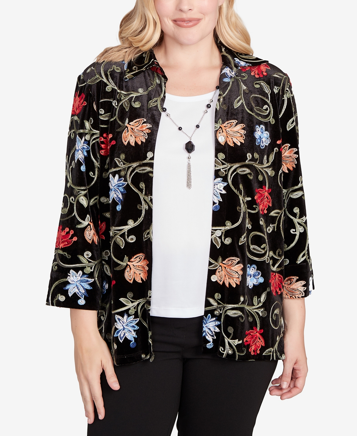 Alfred Dunner Jet Setter Rich Velvet Floral Two In One Top With Necklace In Black