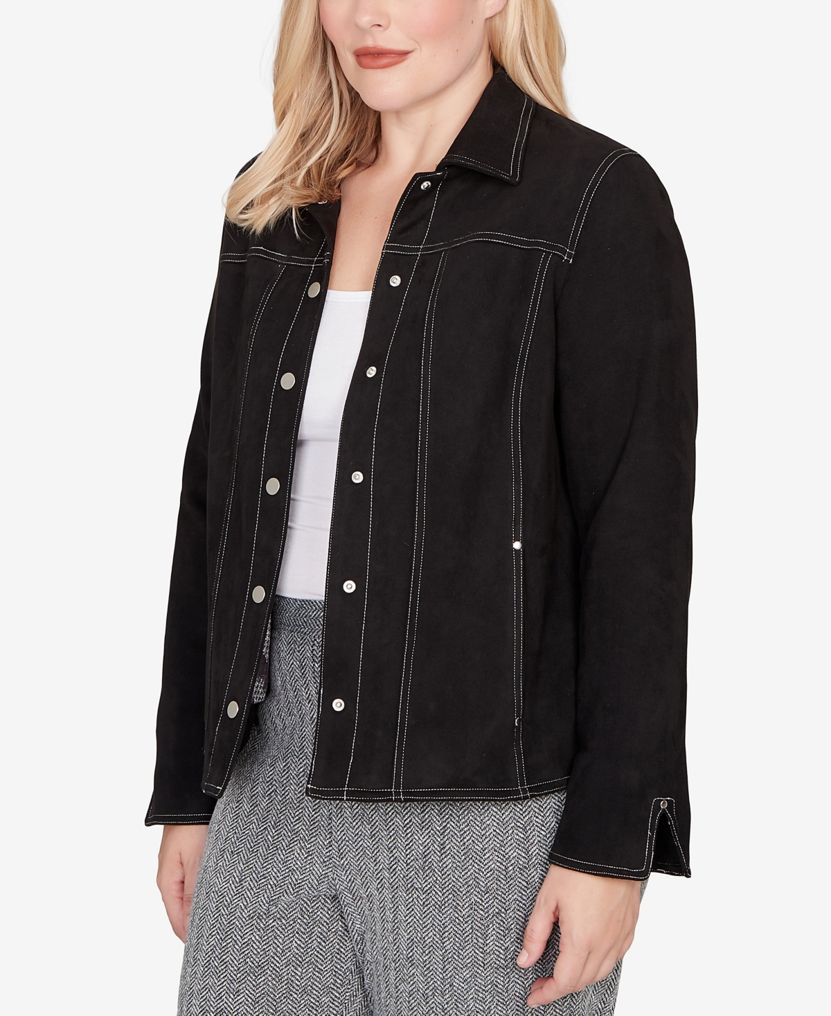Alfred Dunner Jet Setter Print Lining Faux Suede Jacket In Black