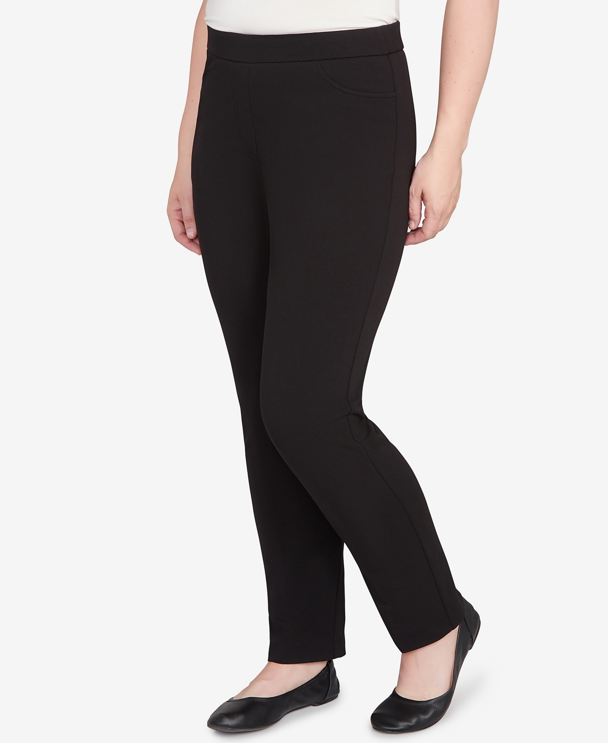 Alfred Dunner Petite Jet Setter Black Crepe Knit Medium Length Pants In Black
