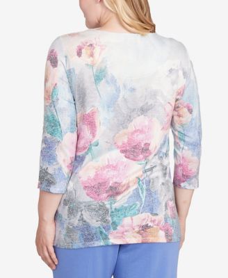 Women's Casual Vibe Floral Brushstroke Beaded Split Neck Top
