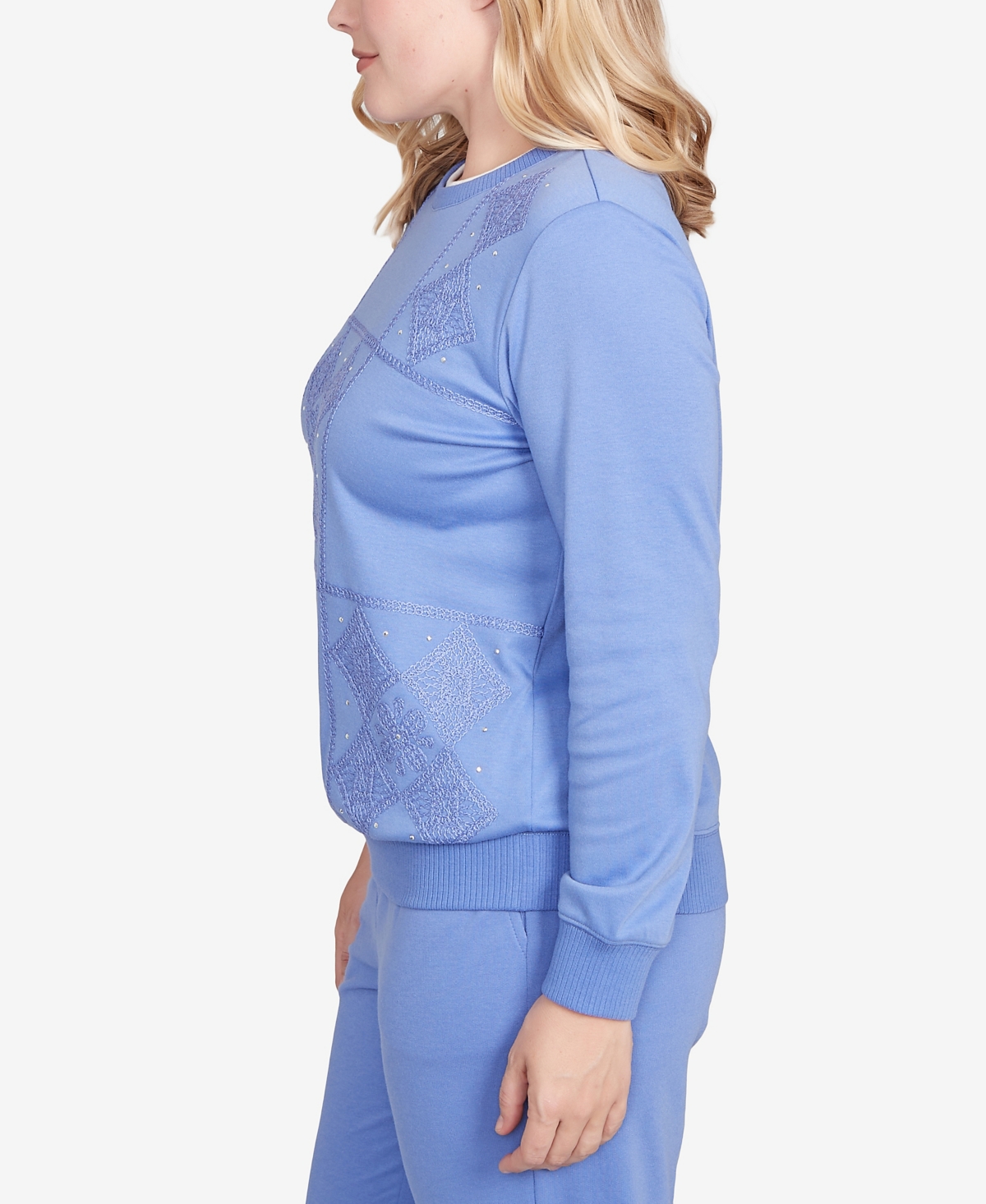 Alfred Dunner Women's Casual Vibe Embroidered Patchwork Long Sleeve Top In Blue