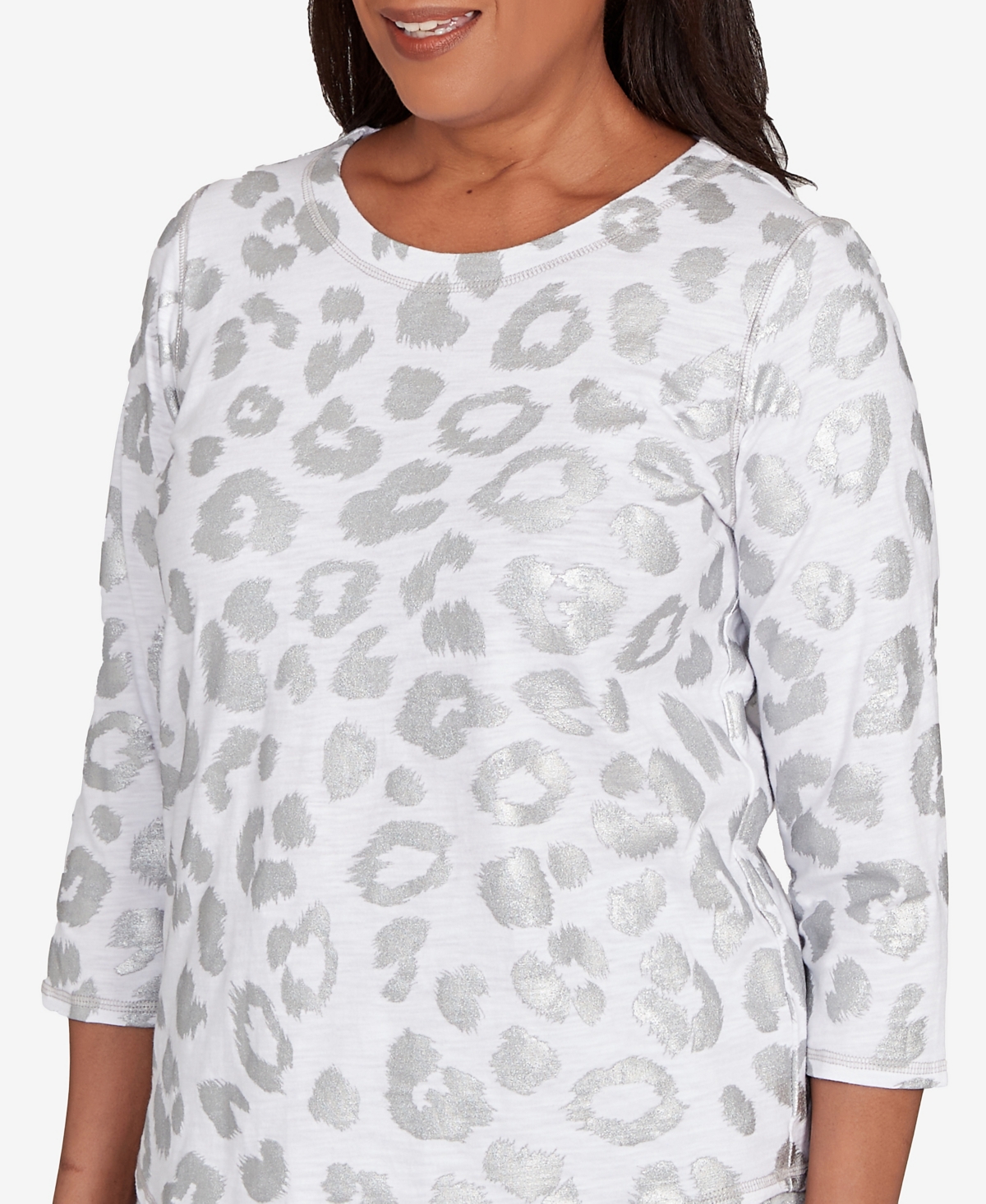 Alfred Dunner Petite Casual Vibe Monotone Crew Neck Animal Top In White