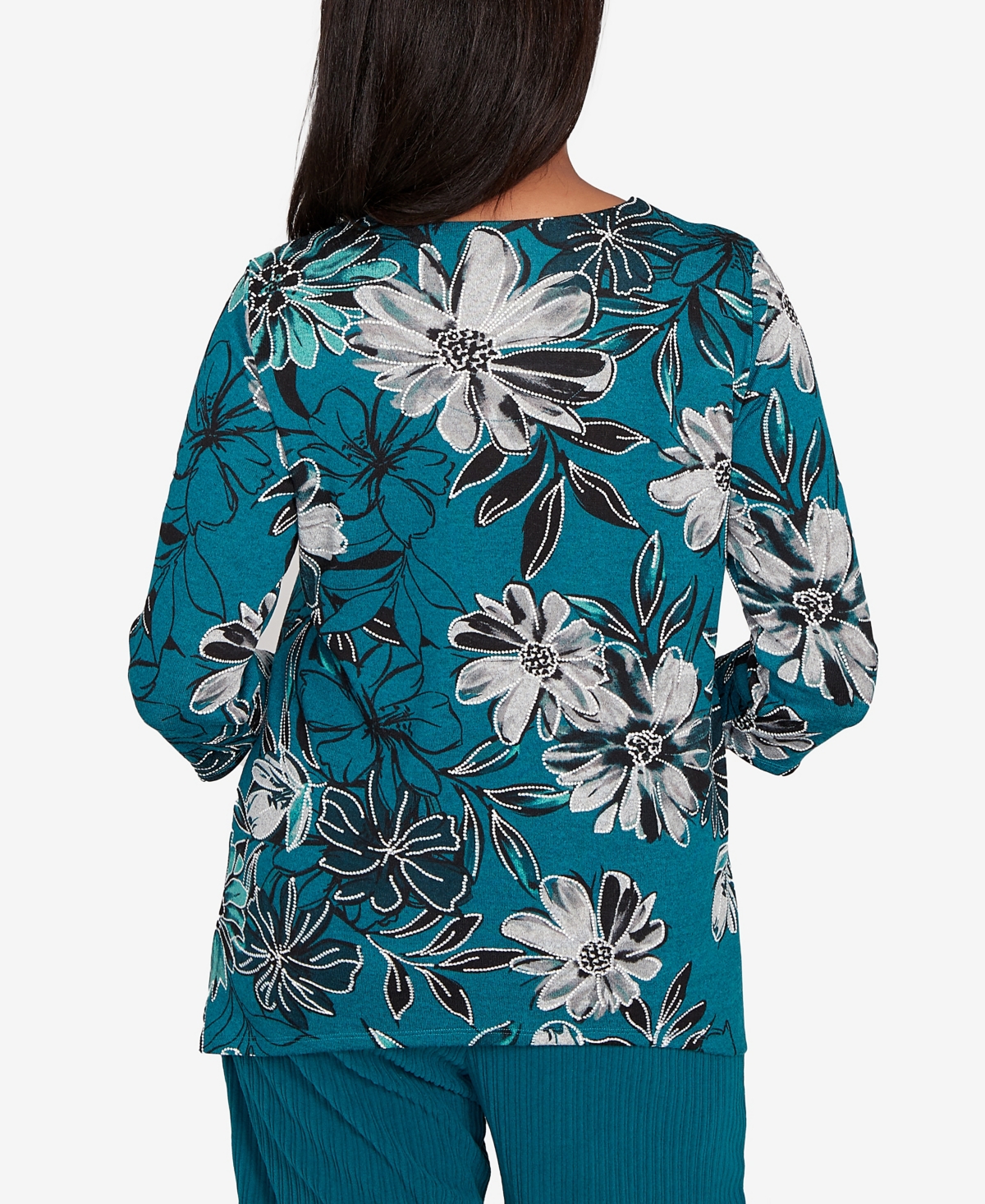 Alfred Dunner Lake Champlain Floral Printed Beaded Neck Top In Multi