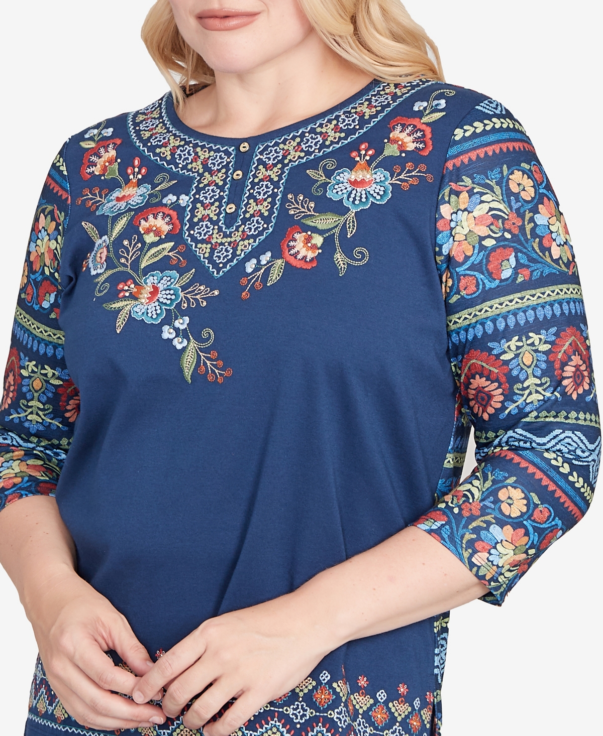 Alfred Dunner Sunset Canyon Printed Sleeve Floral Embroidered Top In Blue