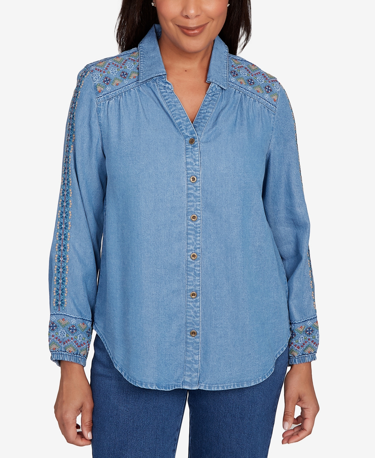 Alfred Dunner Sunset Canyon Needlepoint Embroidered Button Front Top