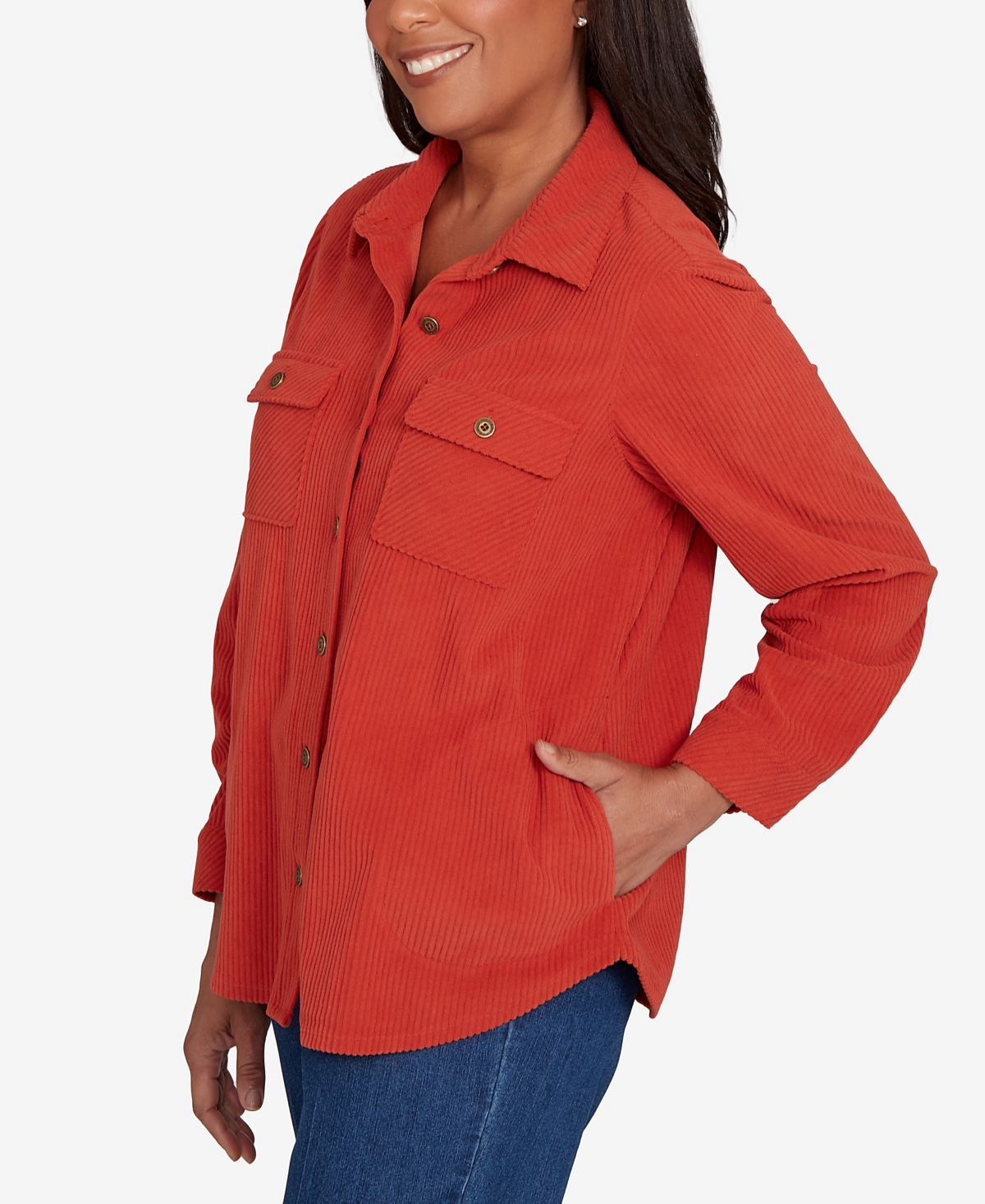 Alfred Dunner Sunset Canyon Plush Ribbed Oversized Button Front Top In Orange
