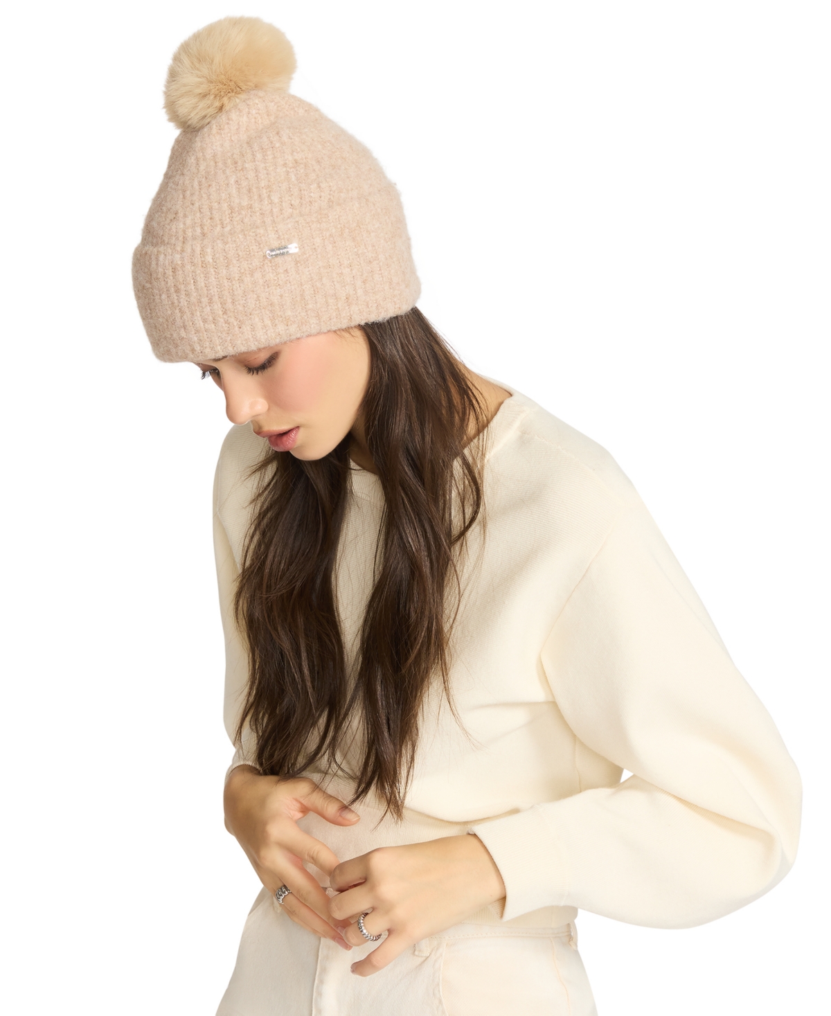 Steve Madden Women's Caught Brushed Fine Rib Knit Beanie In Brown