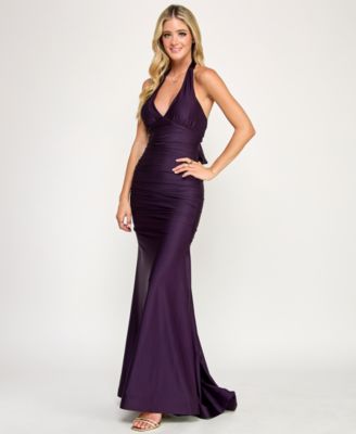 Juniors' Ruched Sleeveless Halter Gown