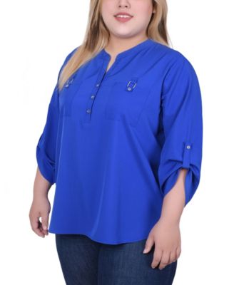Plus Size 3/4 Tabbed Sleeve Y Neck Top