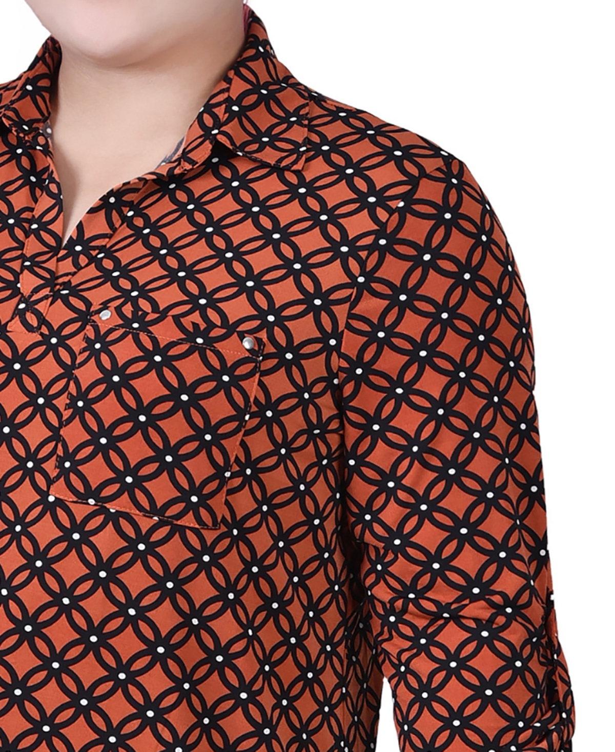 Ny Collection Plus Size 3/4 Sleeve Roll Tab Notch Collar Blouse In Brown