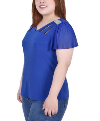 Plus Size Flutter Sleeve Rhinestone Detail Top
