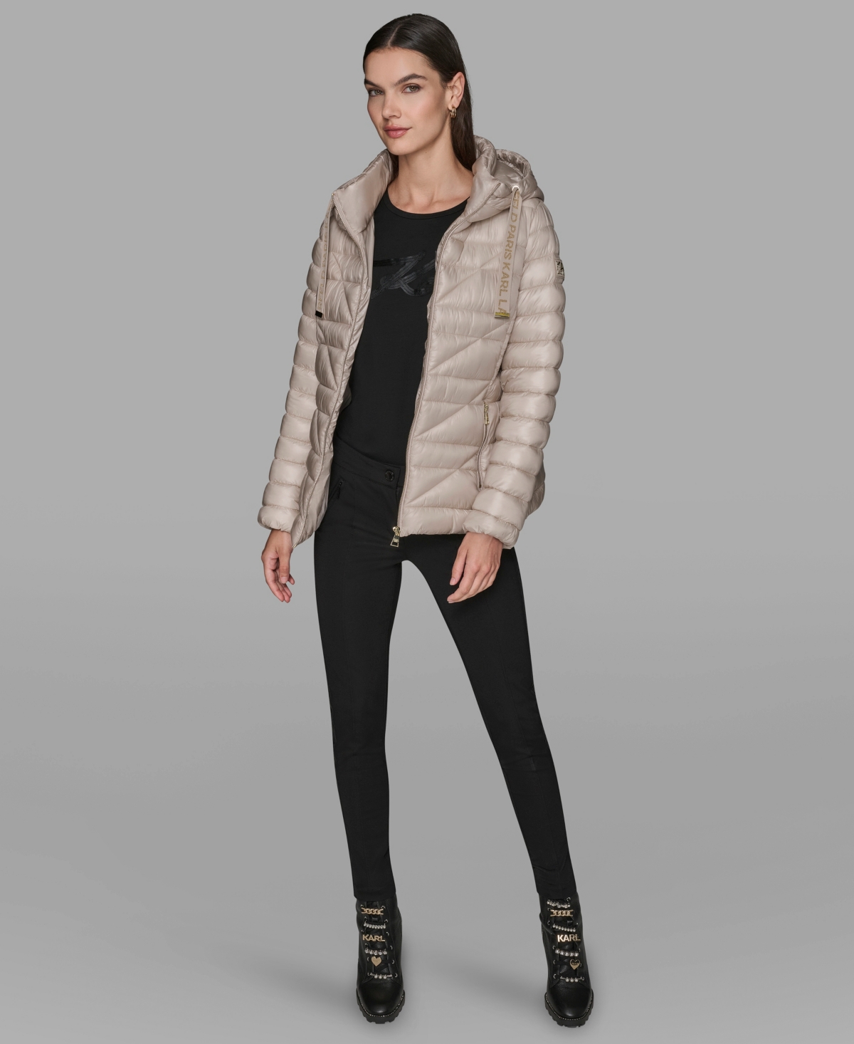 Karl Lagerfeld Women's Drawstring Puffer Coat In Gold