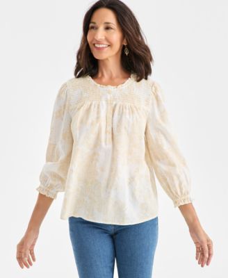 Style & Co - Women's Holiday Floral Smocked-Yoke Blouse