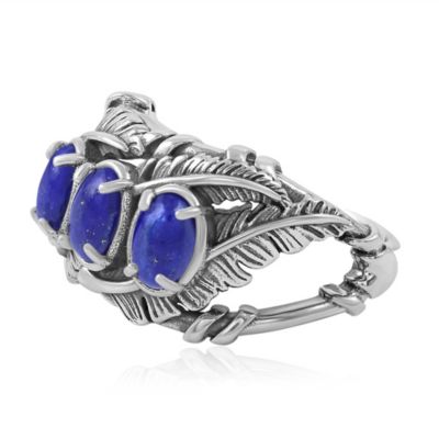 Sterling Silver Lapis Three Stone Feather Ring, Sizes 5 to 11