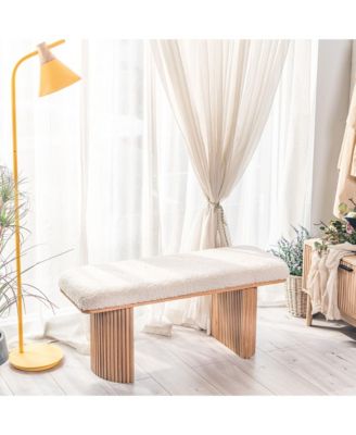 - Solid Wood and White Boucl&eacute; Bench Exotic Boho Entry