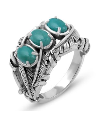Sterling Silver Green Turquoise Three Stone Feather Ring, Sizes 5 to 11