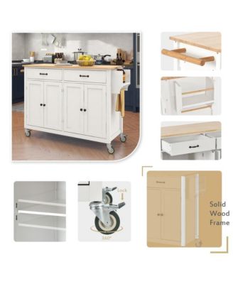 54.3" Wide Solid Wood, MDF 4-Door Cabinet, 2 Drawers, Spice Rack, Towel Bar, Locking Wheels Kitchen Island Cart