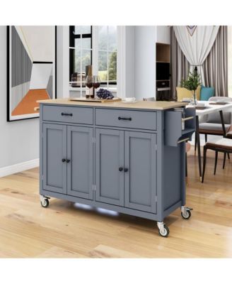 54.3" Wide Solid Wood, MDF 4-Door Cabinet, 2 Drawers, Spice Rack, Towel Bar, Locking Wheels Kitchen Island Cart
