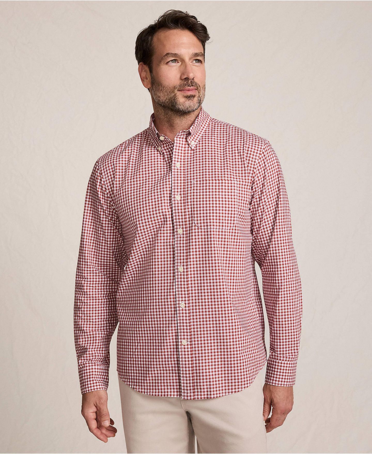 Мужская рубашка Lands' End Long Sleeve Poplin, цвет: Коричневый / Белый в мелкую клетку — фото 1