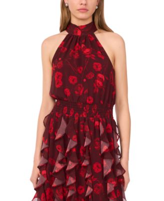 Women's Floral Smocked Cascade-Ruffle Halter Maxi Dress