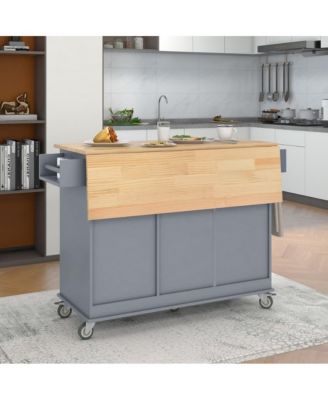 52.7" Rolling Kitchen Island with Drop Leaf, Solid Wood Top, Storage Cabinet & Drawers, Mobile Kitchen Cart