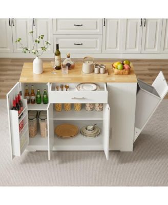 53.2" White Kitchen Island with Drawer, Cabinets, Spice Rack & Hidden Trash Can Storage, Modern Farmhouse Style-