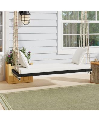 63 Inch Acacia Wood Porch Swing with Cushion and Hemp Ropes