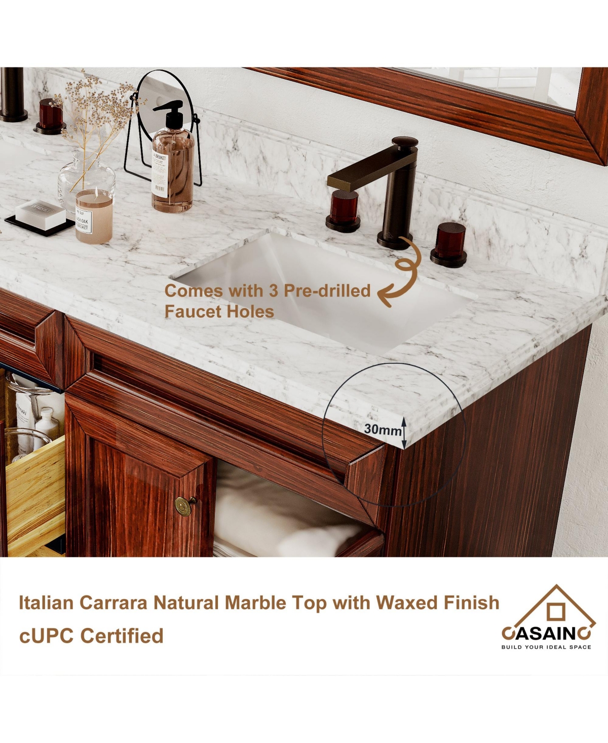 Casainc 60-Inch Freestanding Bathroom Vanity with Carrara Marble Top