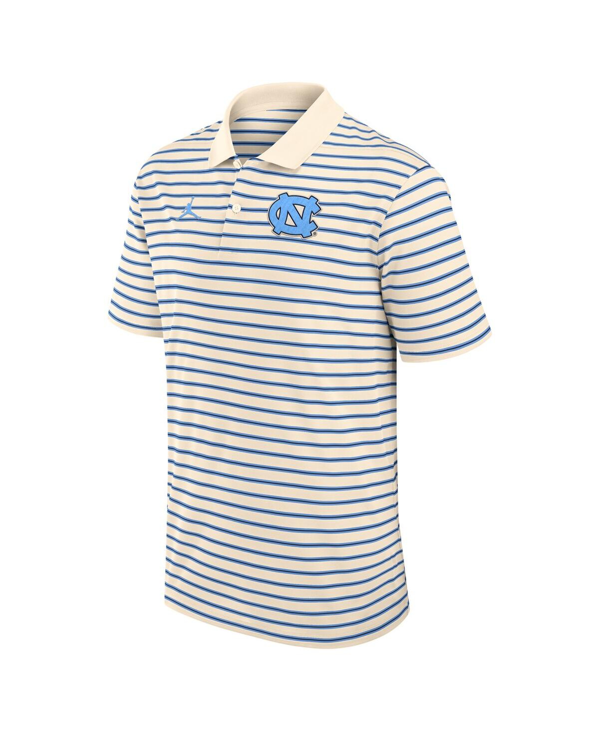 Jordan Men's Tan/carolina Blue North Carolina Tar Heels Striped Primary Logo Performance Polo Shirt In White