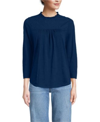 Women's Petite 3/4 Sleeve Cotton Slub Lace Trim Top