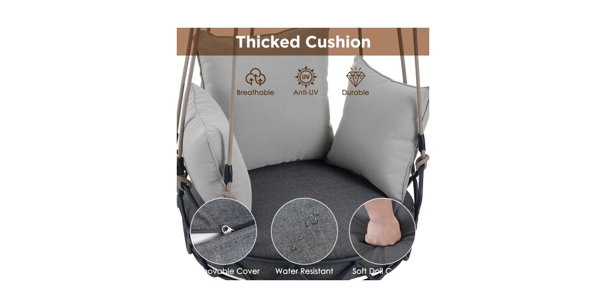Flynama Gray Outdoor Hanging Swing Chair with 8 Inch Waterproof Cushion