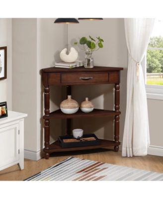 33.8" Wood Corner Cabinet Side Table with 3 Tier Solid Wood Legs