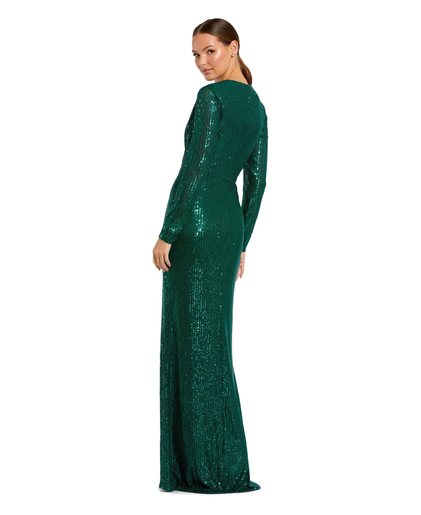 Женское платье Mac Duggal Sequin Long Sleeve High Neck Column Gown, цвет: Изумрудный — фото 2