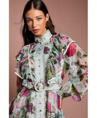 Women's Long Sleeve Printed Organza Shirt Dress