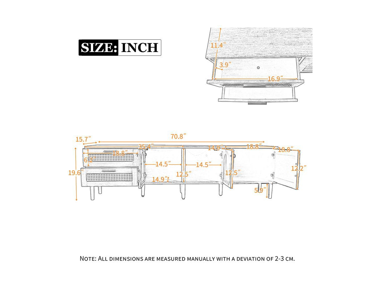 Casainc Rattan Tv Stand with 3 Cabinets & 2 Drawers Media Console Table for TVs up to 80" Led Light