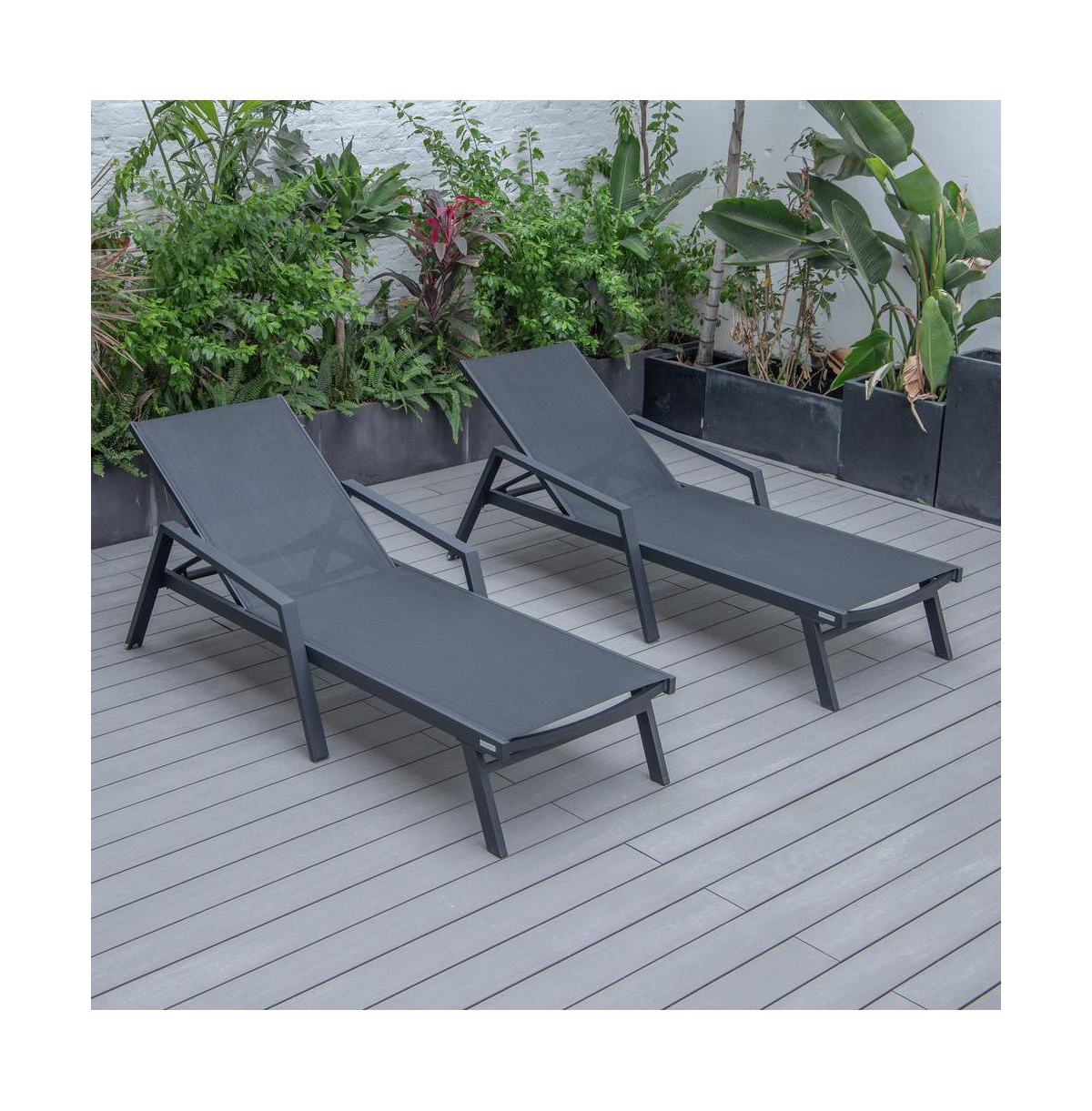 LeisureMod Lounge Chair With Armrests in Black Aluminum Frame, Set of 2