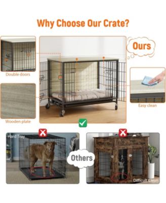 27" Grey & Black Modern Furniture-Style Dog Crate with Double Door, 360° Rotating Wheels, Anti-Slip Feet & Divider, End Table Design