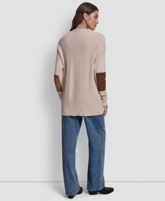 Women's Relaxed V-Neck Shaker Stitch Cardigan With Suede Logo Patch