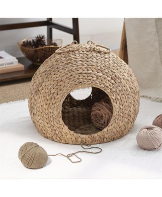 Woven Wicker Round Cat Bed Cave with Handles 18"x18"x18"