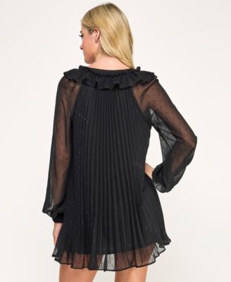 Juniors' Pleated Clip Dot Long Sleeve Dress