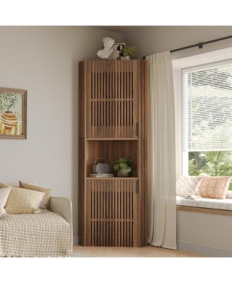 78'H Corner Cabinet, Farmhouse Kitchen Pantry Storage Cabinet, Ventilated Grille Style Doors, Walnut