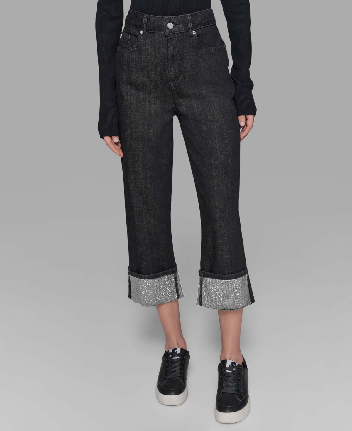 Karl Lagerfeld Paris Petite High-Rise Cuffed-Embellished Jeans