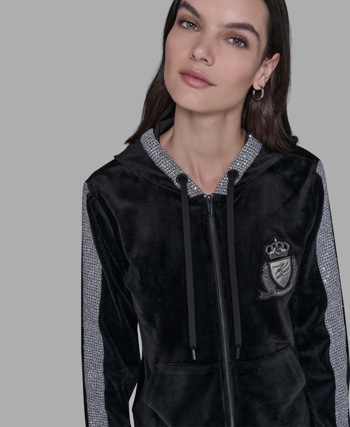 Karl Lagerfeld Petite Rhinestone Trim Zip-up Jacket In Black
