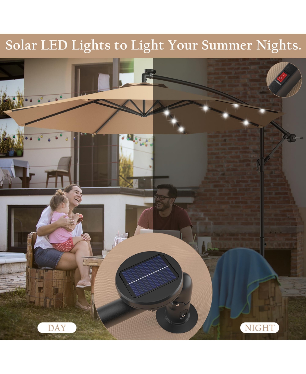 Costway 10' Hanging Solar Led Umbrella Patio Sun Shade Offset Market With Base