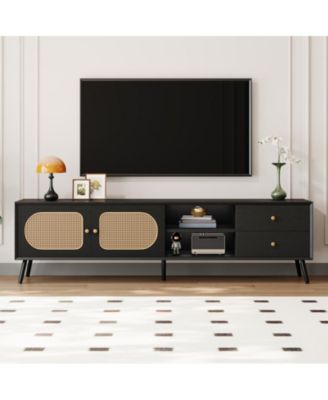 70" TV Stand for TVs up to 80 Inches with Rattan Doors, 2 Drawers and Open Shelf