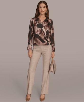 Petite Printed Satin Long Sleeve Wrap Top