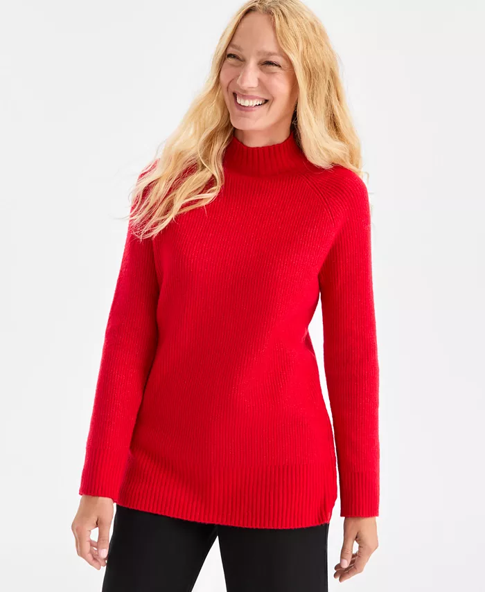 Women's Mock-Neck Ribbed Tunic Sweater - thumbnail 3