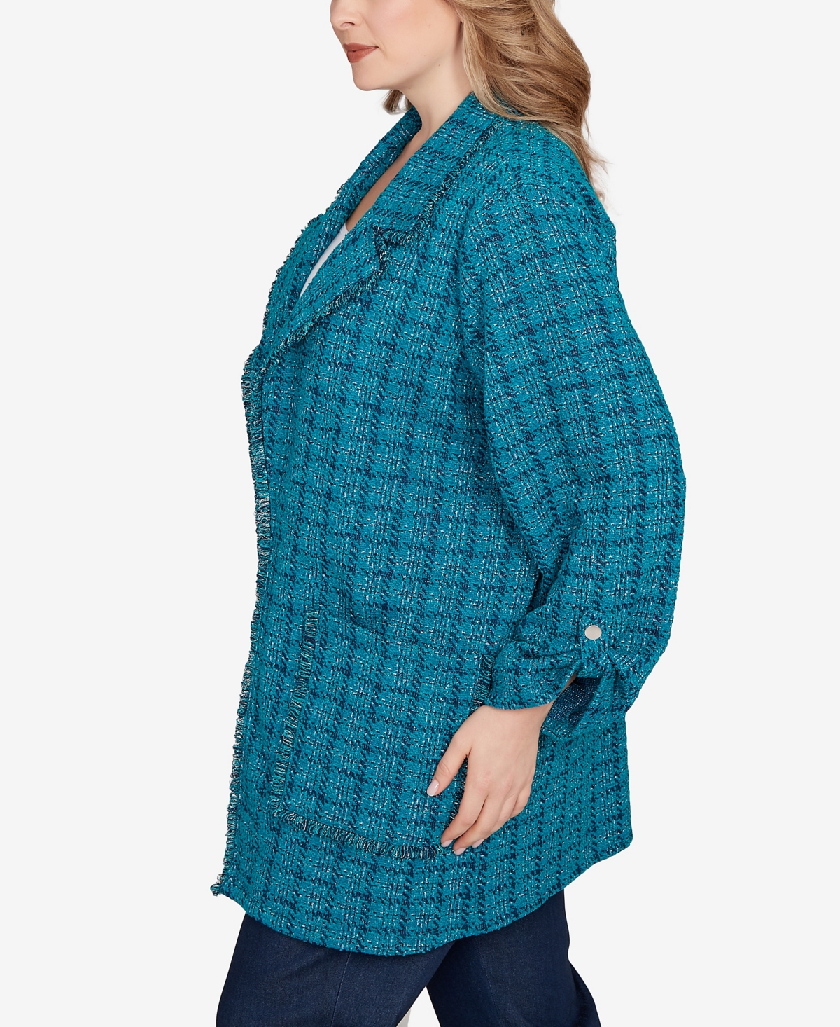 Ruby Rd. Plus Size Open Front Tweed Patch Pocket Jacket In Blue
