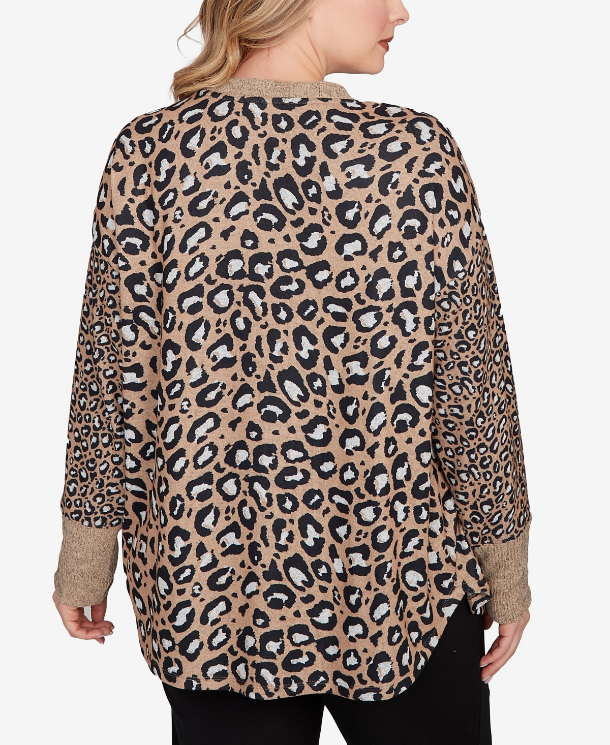 Ruby Rd. Plus Size Sweater Trimmed Cozy Animal Print Top In Animal Print